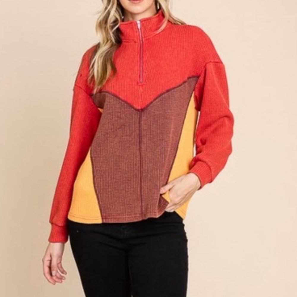 NWT Mineral Wash Colorblock Waffle Quarter Zip Sweater - Picture 3 of 9